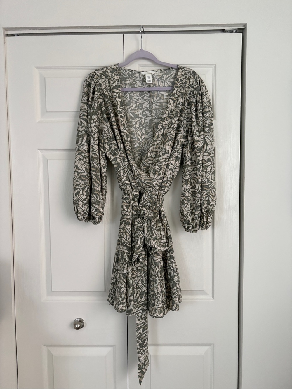 H&M | William & Morris Inspired Floral Wrap Mini Dress in Sage Green